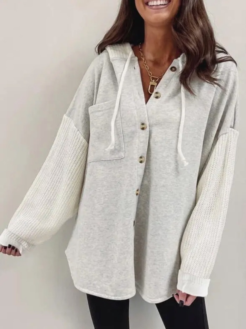 Cozy Hooded Button-Up Tunic in Light Gray and Cream